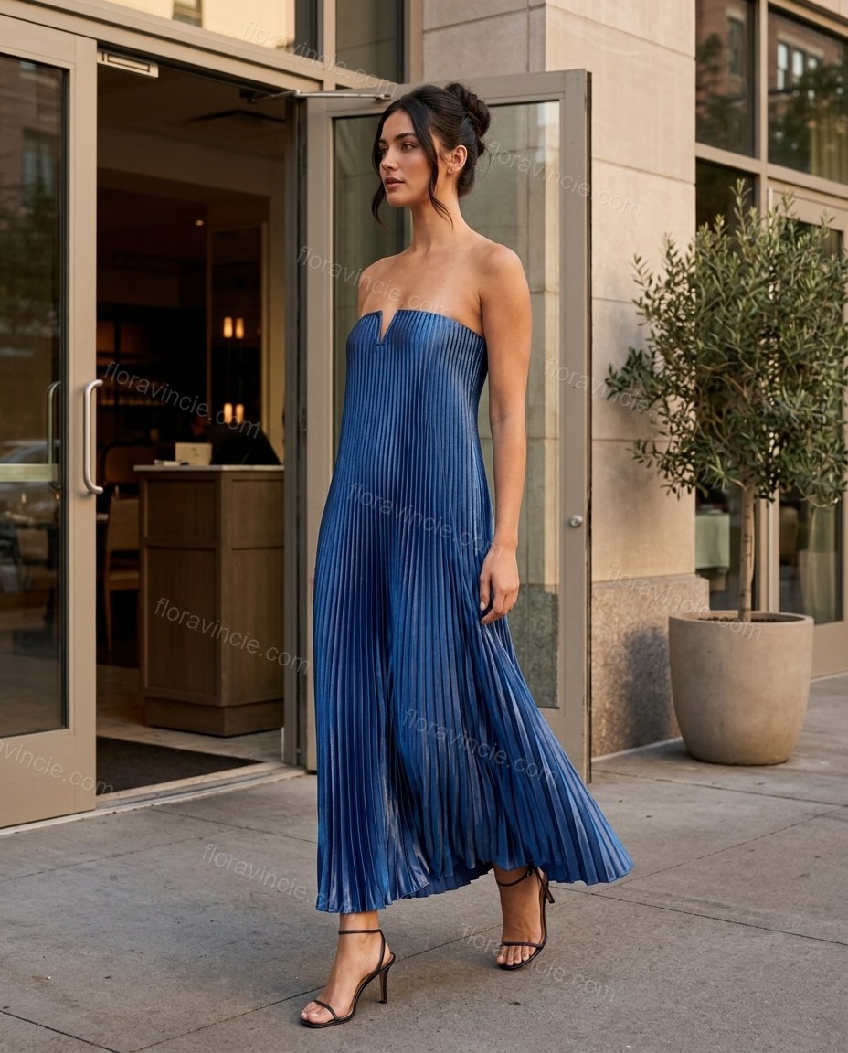 Blue Midi Strapless Pleated Dress, movement and fit lifestyle view, by Floravincie