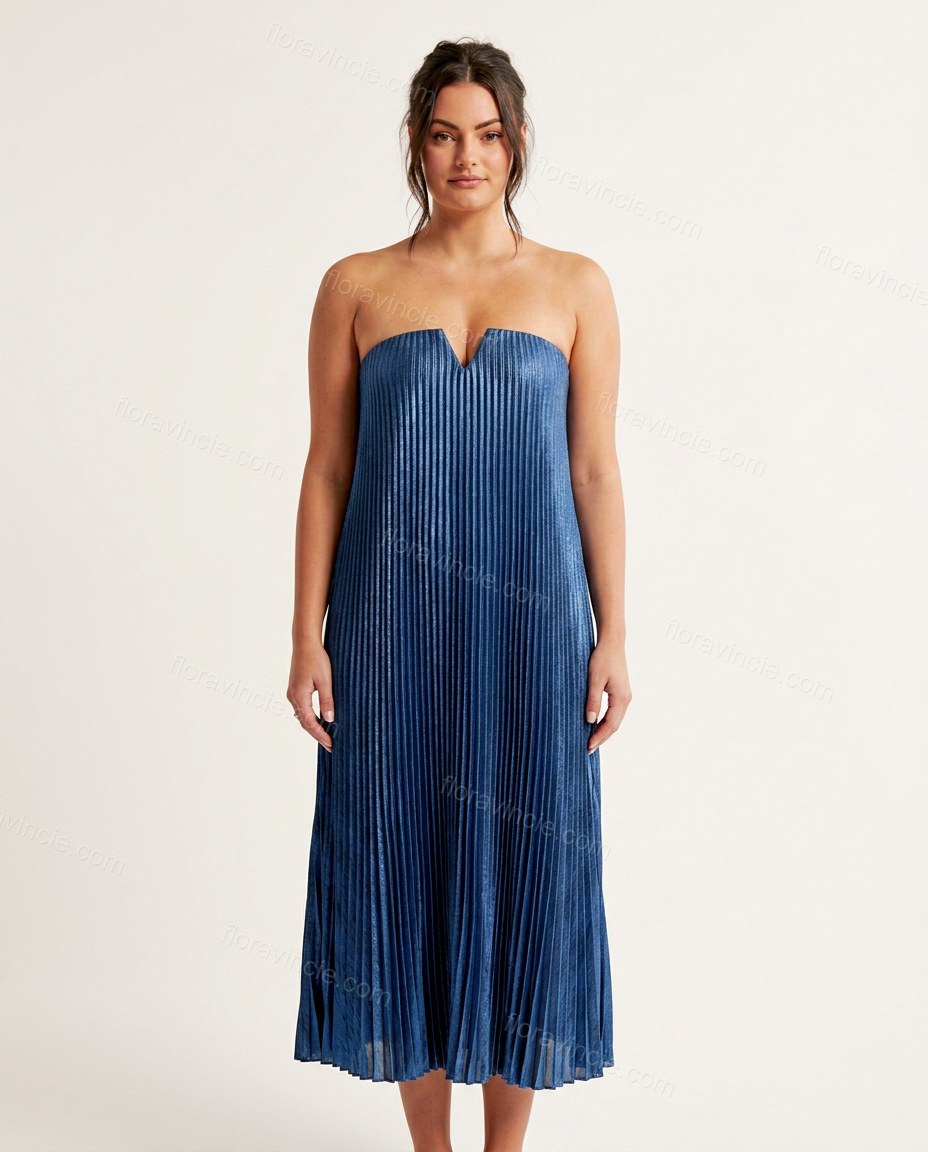 Blue Midi Strapless Pleated Dress, front studio view, by Floravincie
