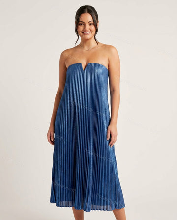 Blue Midi Strapless Pleated Dress, full-length hero view, by Floravincie