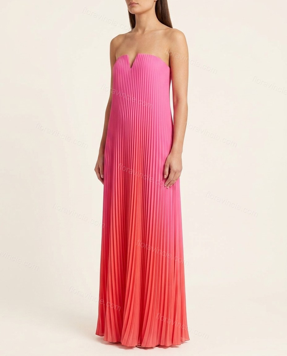 Pink Strapless Pleated Dress, front studio view, by Floravincie