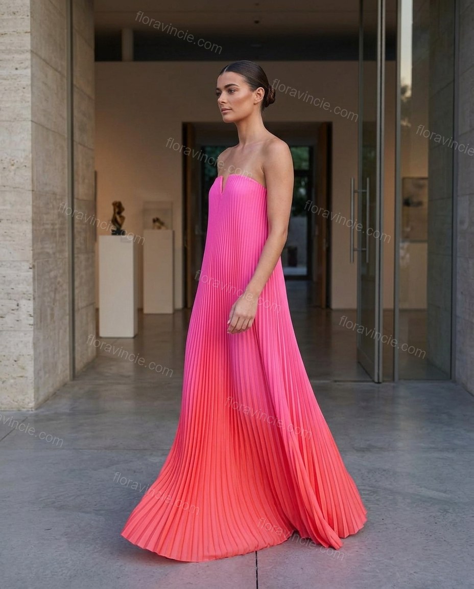 Pink Strapless Pleated Dress, walking lifestyle view, by Floravincie