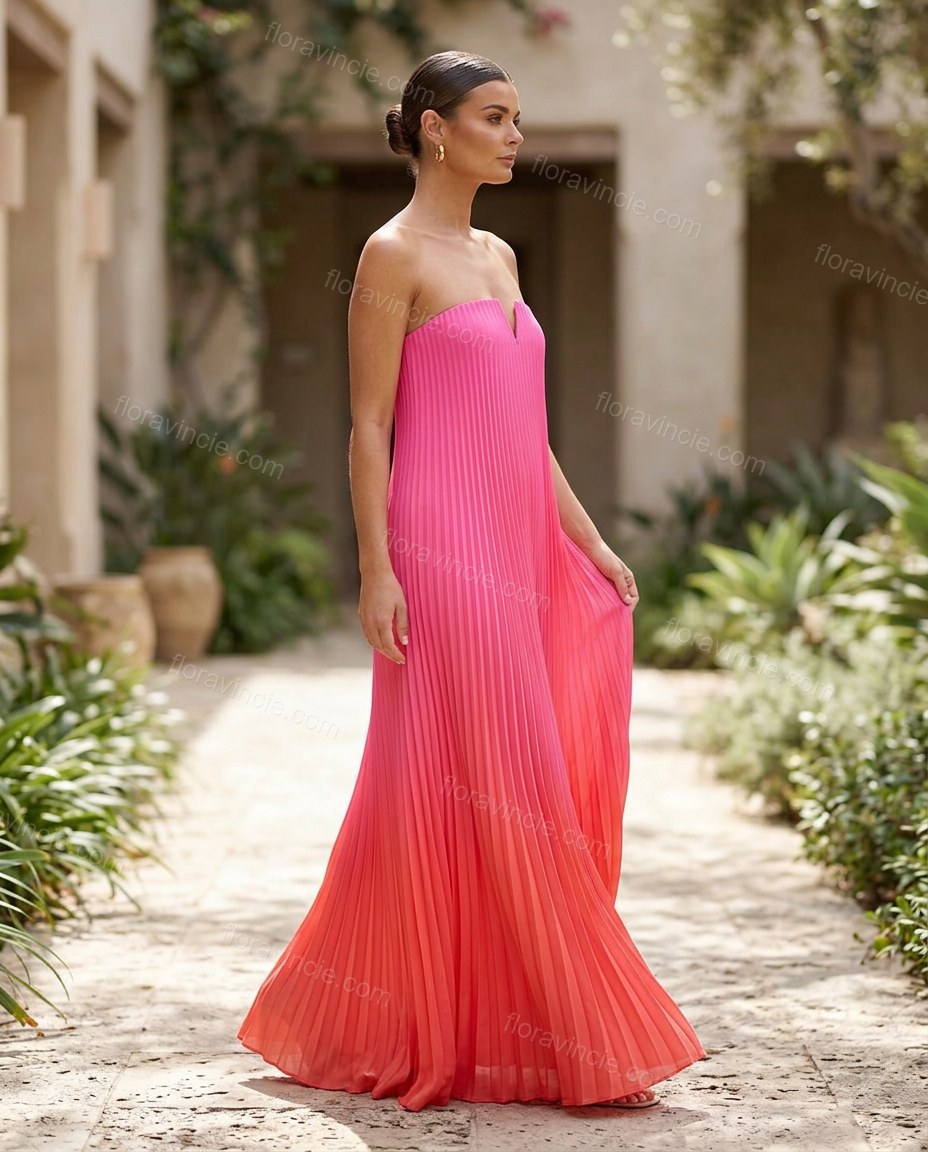 Pink Strapless Pleated Dress, movement and fit lifestyle view, by Floravincie