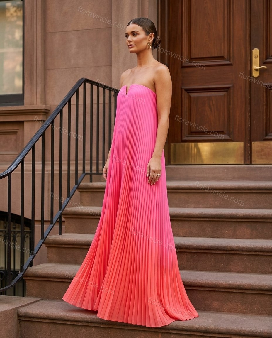 Pink Strapless Pleated Dress, three-quarter brand lifestyle view, by Floravincie