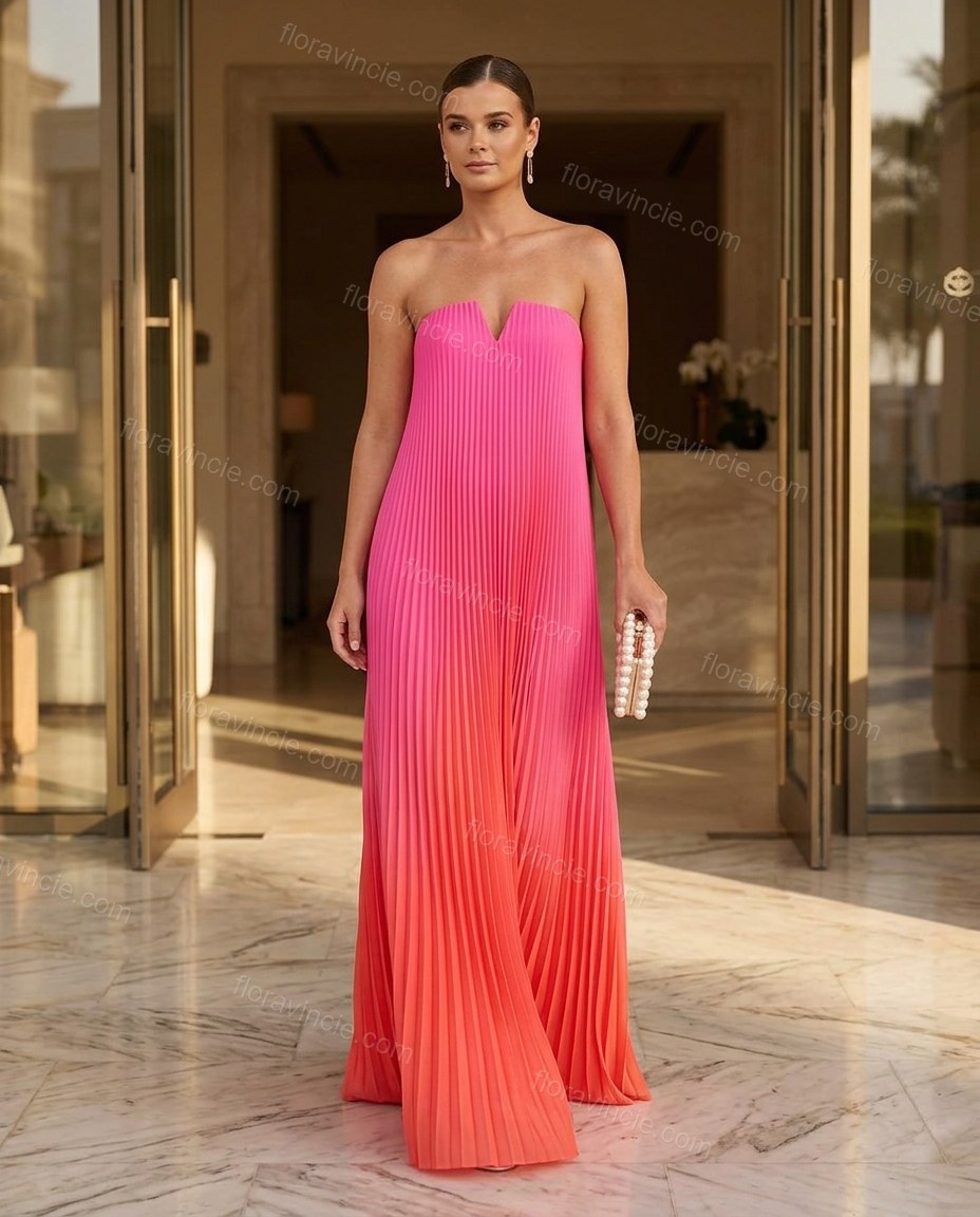 Pink Strapless Pleated Dress, full-length hero view, by Floravincie