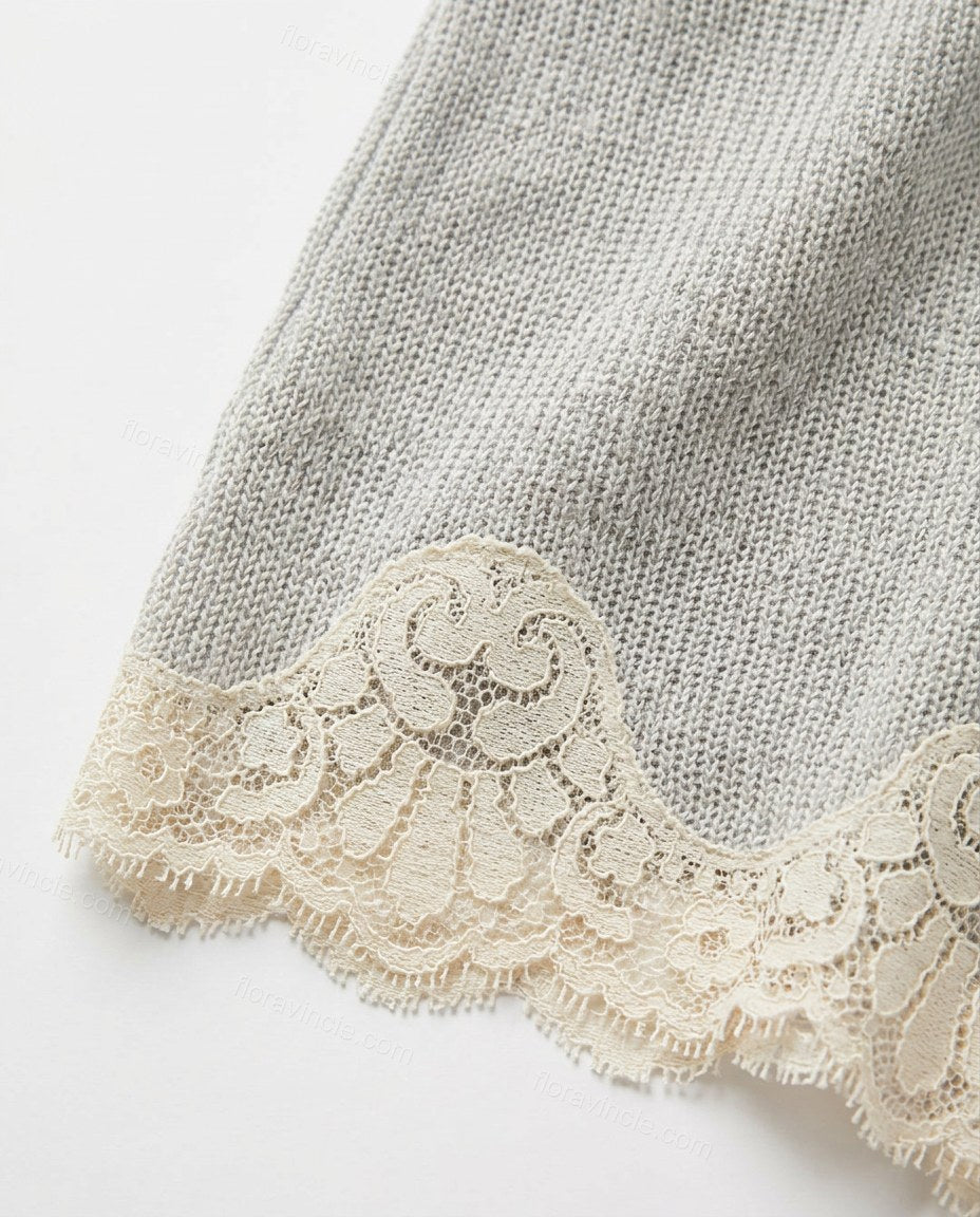 Light Grey Floral Lace Knit Top & Shorts Set, close-up of floral and scalloped hem, by Floravincie