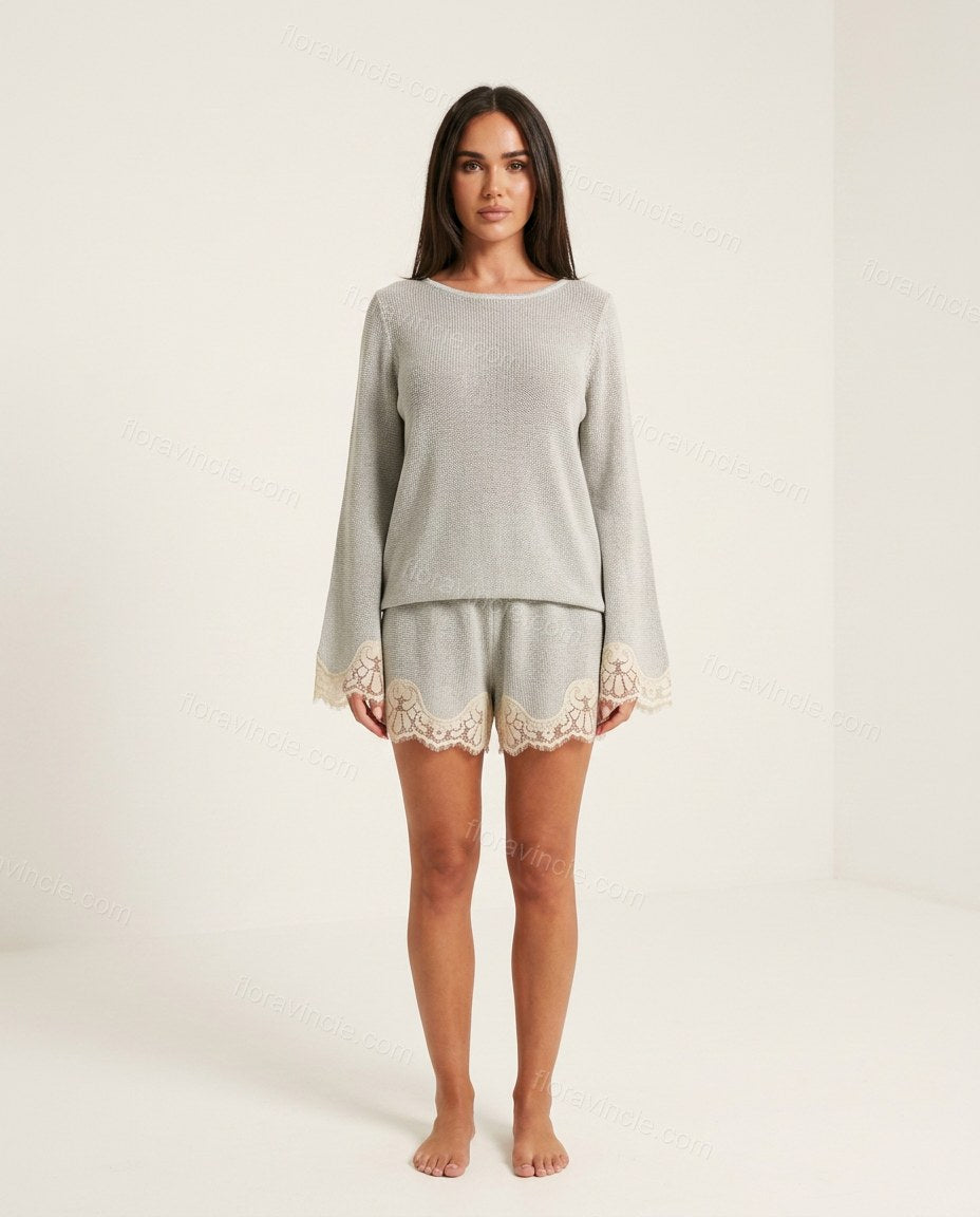 Light Grey Floral Lace Knit Top & Shorts Set, front studio view, by Floravincie