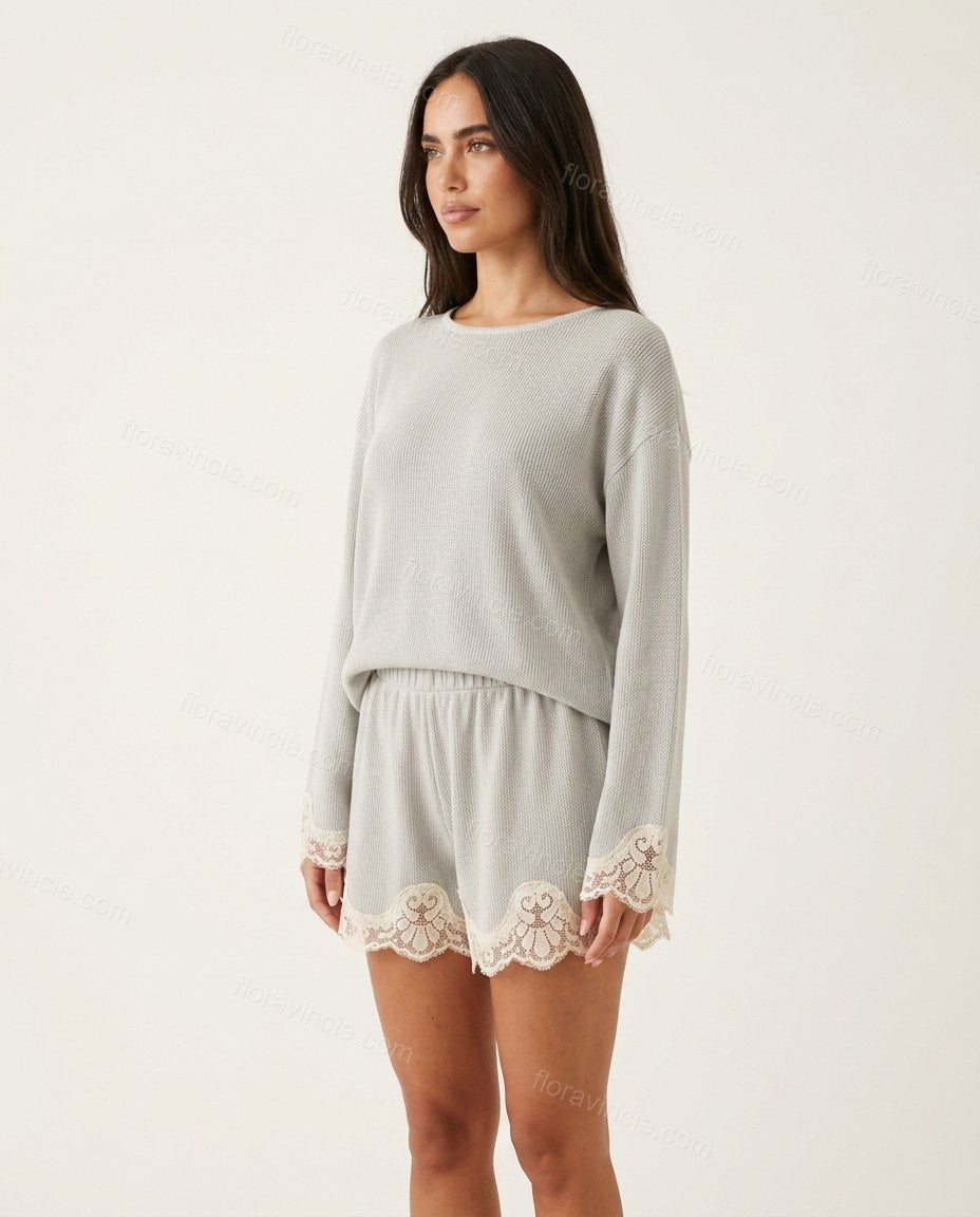 Light Grey Floral Lace Knit Top & Shorts Set, side and back studio view, by Floravincie