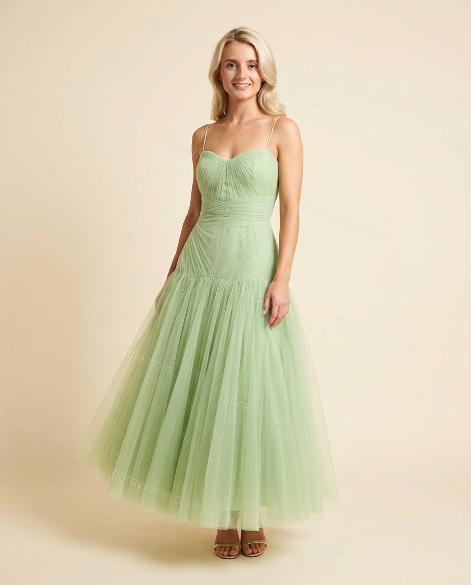 Light Green Midi Strapless Dress, full-length hero view, by Floravincie