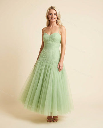 Light Green Midi Strapless Dress, full-length hero view, by Floravincie