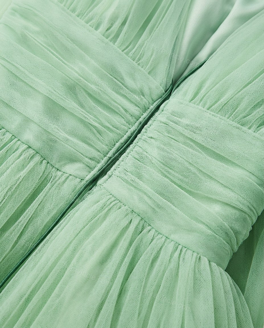 Light Green Midi Strapless Dress, close-up of gathered bodice, layered skirt and spaghetti straps, by Floravincie