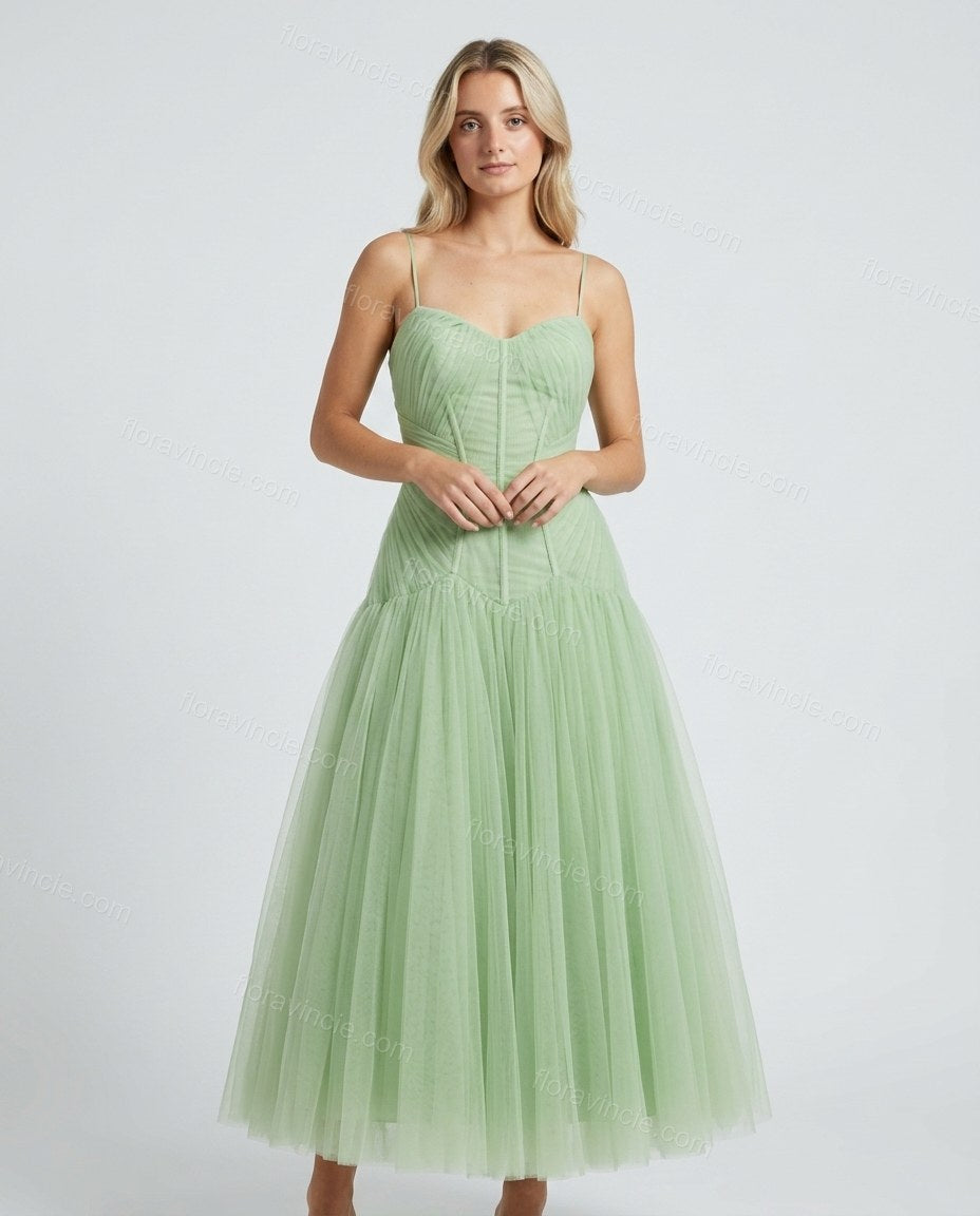 Light Green Midi Strapless Dress, front studio view, by Floravincie