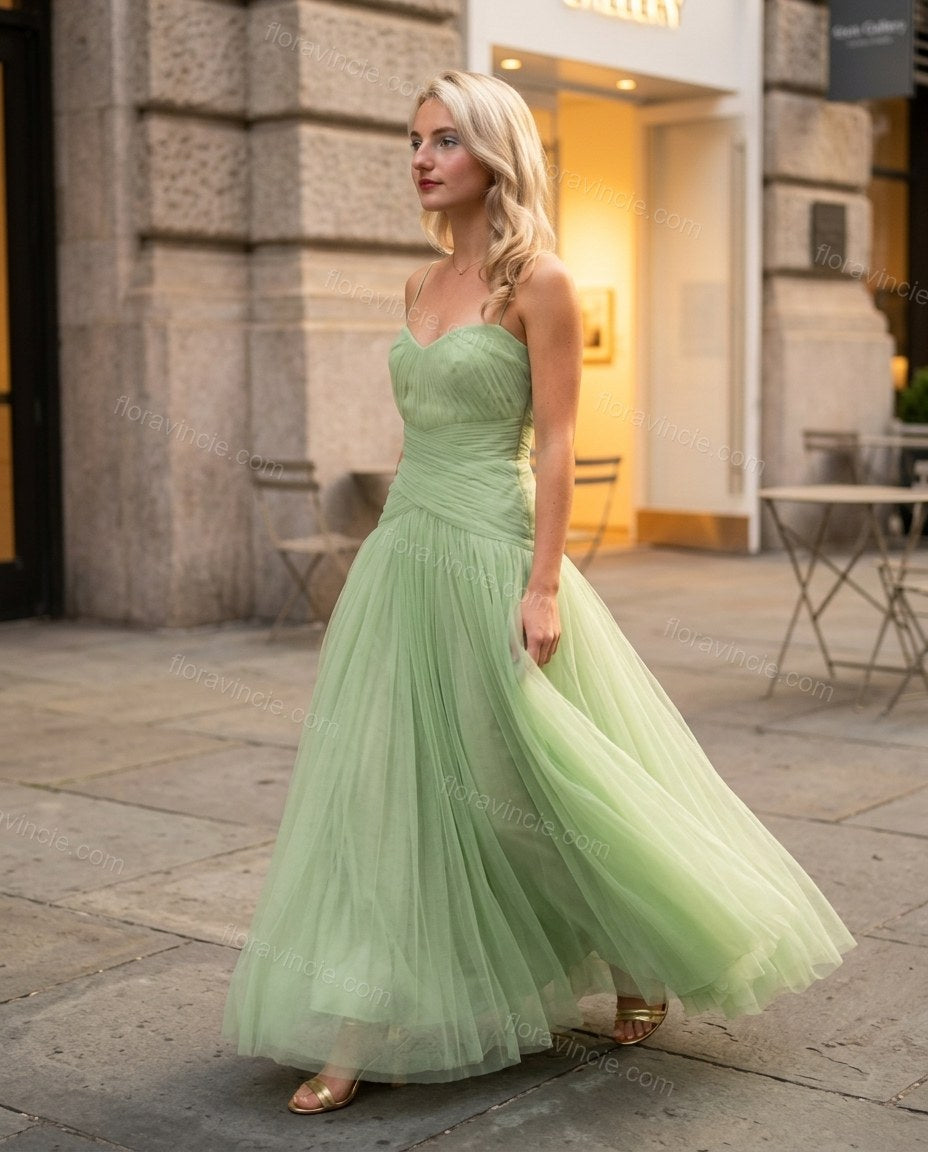 Light Green Midi Strapless Dress, walking lifestyle view, by Floravincie