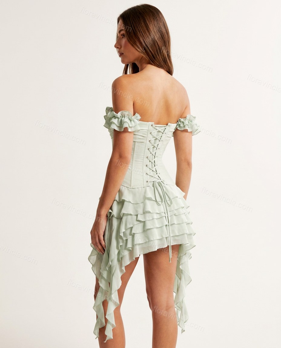 Mint Green Mini Off-Shoulder Ruffled Skirt Set, back studio view showing corset-style back with ruffled layers, by Floravincie