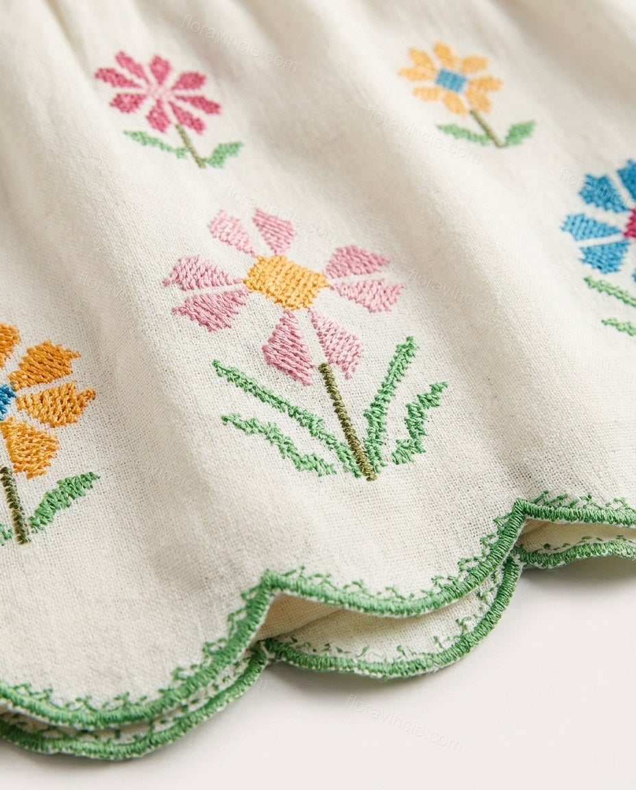 Off-white Floral Embroidered Top & Shorts Set, close-up of floral embroidery and scalloped hem, by Floravincie