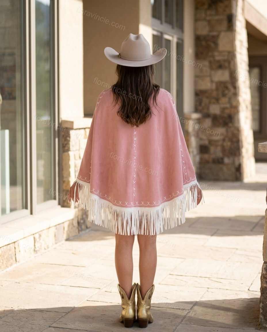 Pink Geometric Cape Fringe Blouse, alternate use-case lifestyle view, by Floravincie