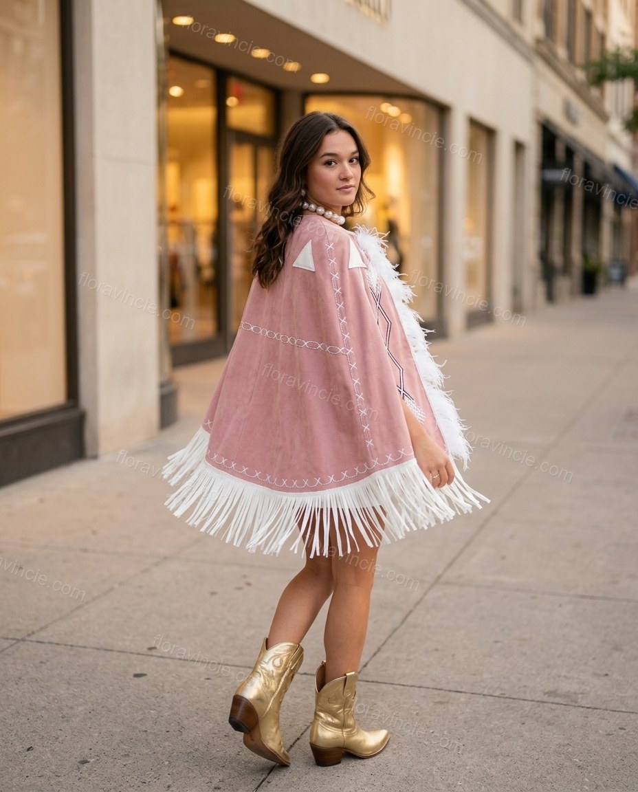 Pink Geometric Cape Fringe Blouse, movement and fit lifestyle view, by Floravincie