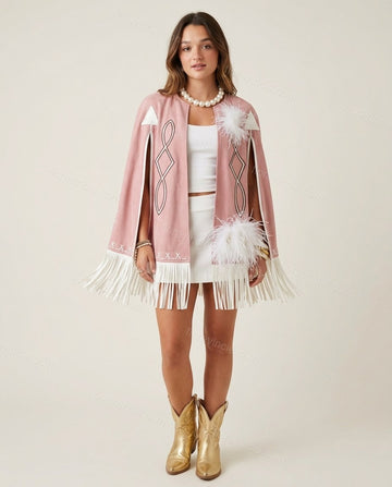 Pink Geometric Cape Fringe Blouse, full-length hero view, by Floravincie