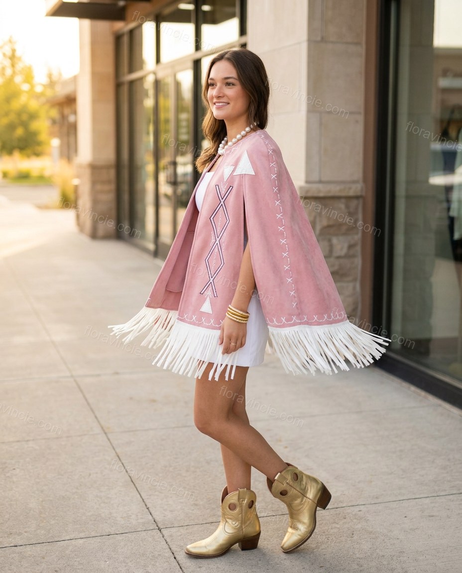 Pink Geometric Cape Fringe Blouse, walking lifestyle view, by Floravincie