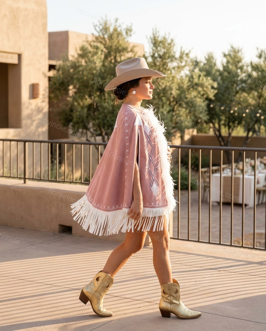 Pink Geometric Cape Fringe Blouse, three-quarter brand lifestyle view, by Floravincie
