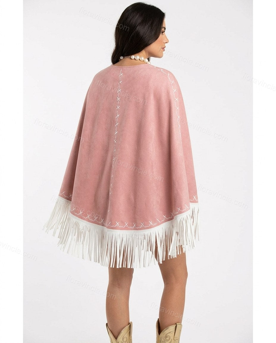 Pink Geometric Cape Fringe Blouse, back studio view, by Floravincie