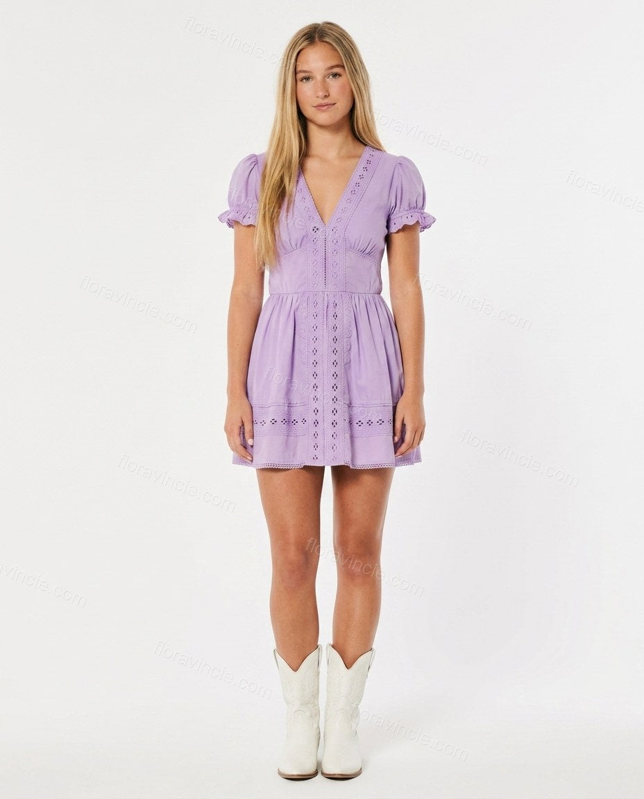 Lavender Mini Eyelet Lace Dress, front studio view, by Floravincie