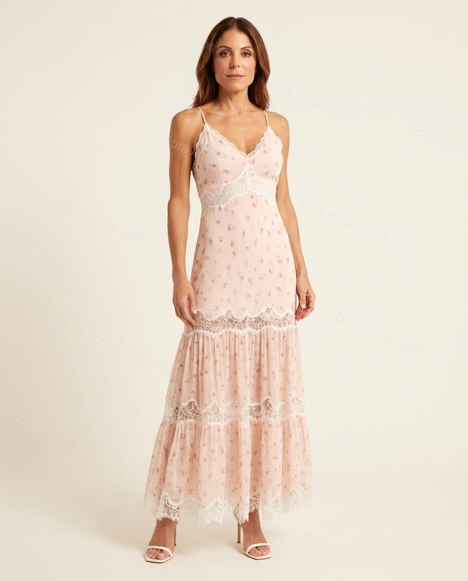 Pink Floral Maxi Tiered Dress, front studio view, by Floravincie