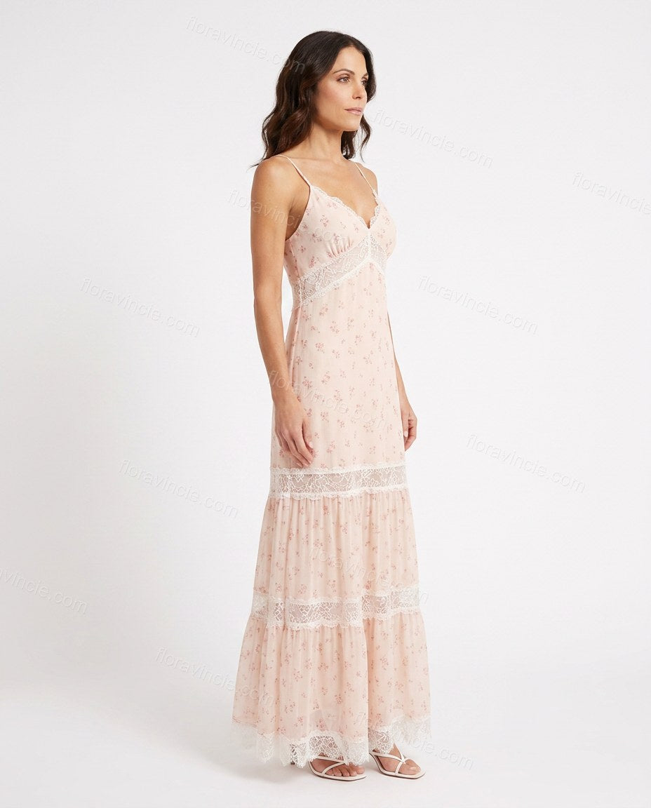 Pink Floral Maxi Tiered Dress, side and back studio view, by Floravincie