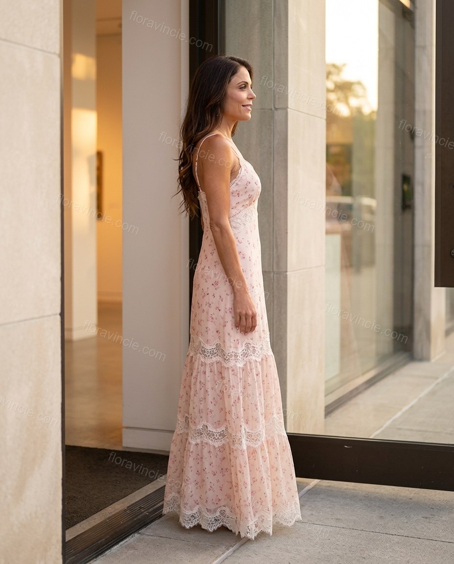 Pink Floral Maxi Tiered Dress, three-quarter brand lifestyle view, by Floravincie