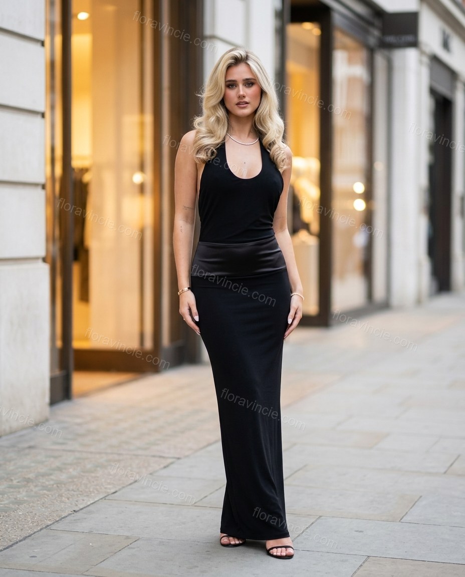 Black Maxi Open-Back Halter Dress, three-quarter brand lifestyle view, by Floravincie