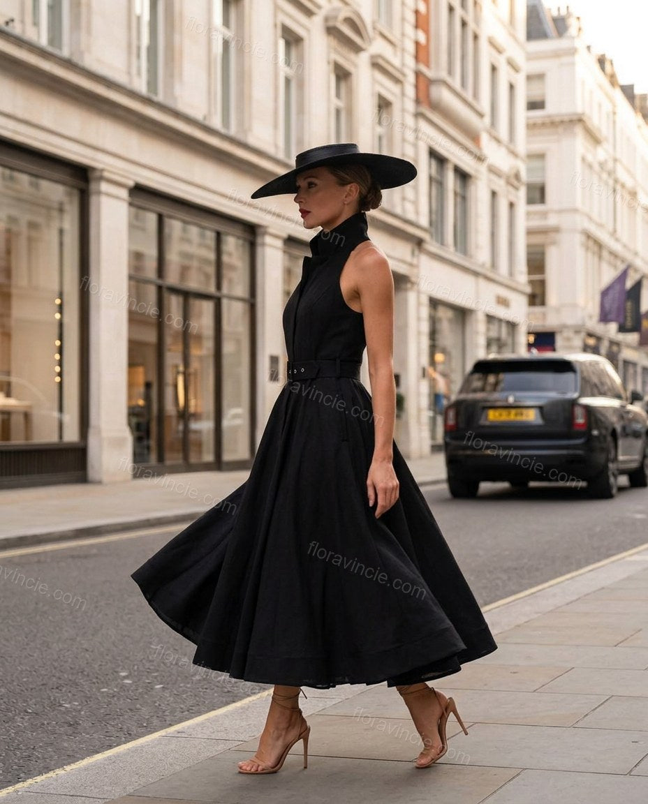 Black Midi Halter Dress, walking lifestyle view, by Floravincie