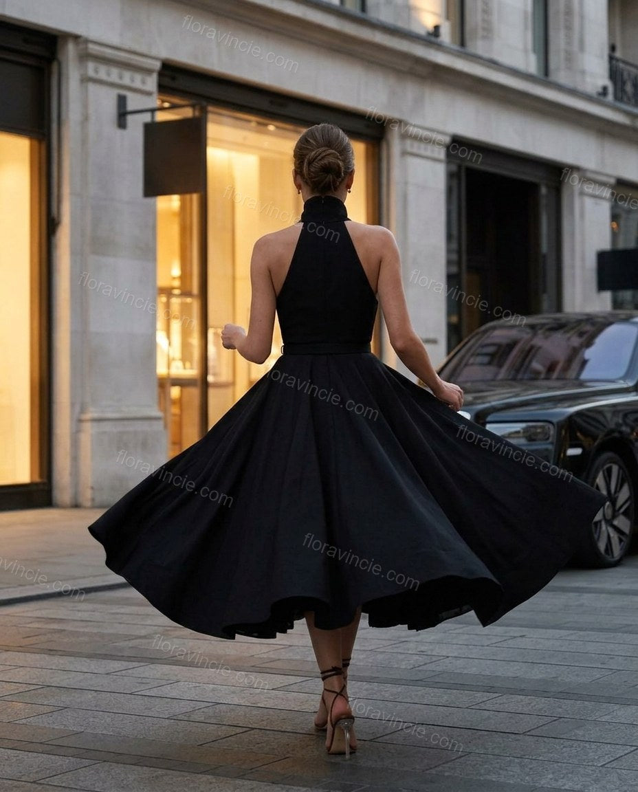 Black Midi Halter Dress, movement and fit lifestyle view, by Floravincie