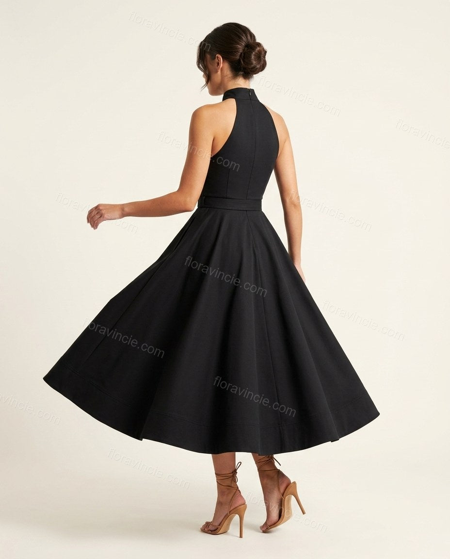 Black Midi Halter Dress, back studio view showing open-back halter construction, by Floravincie