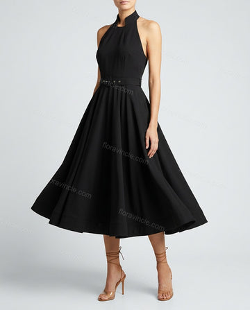 Black Midi Halter Dress, full-length hero view, by Floravincie