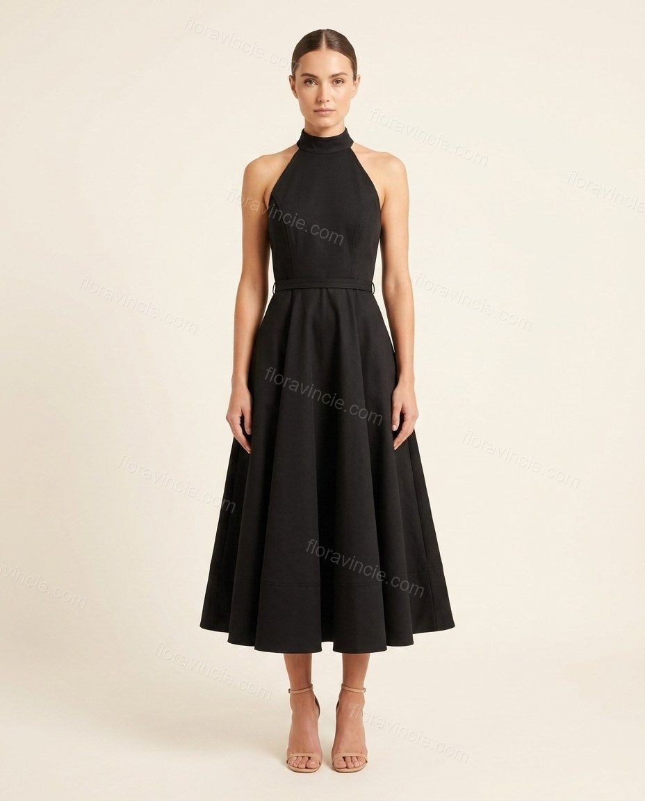 Black Midi Halter Dress, front studio view, by Floravincie