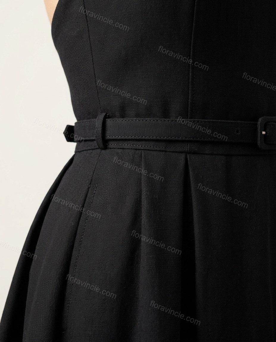 Black Midi Halter Dress, close-up of belted waist, full skirt and halter neck, by Floravincie