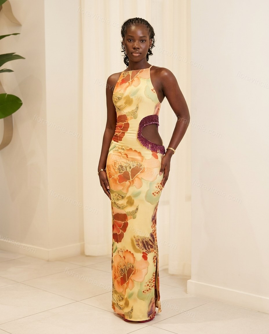 Yellow Floral Maxi Halter Dress, full-length hero view, by Floravincie