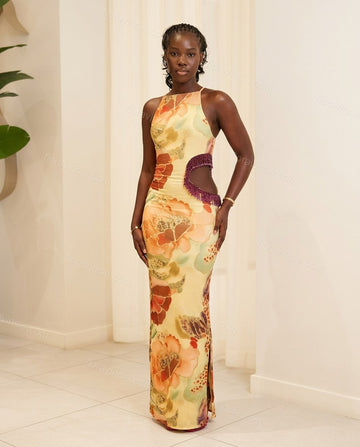 Yellow Floral Maxi Halter Dress, full-length hero view, by Floravincie