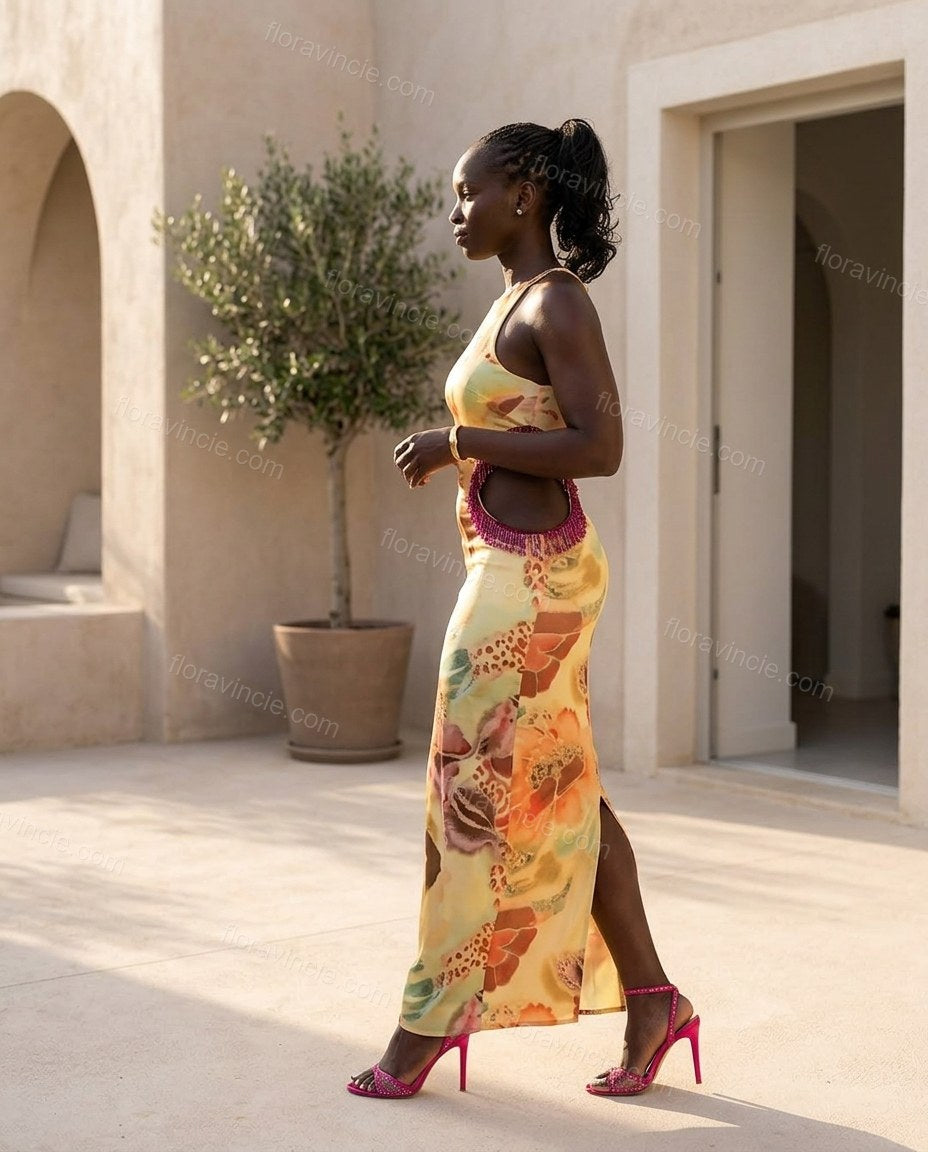 Yellow Floral Maxi Halter Dress, movement and fit lifestyle view, by Floravincie