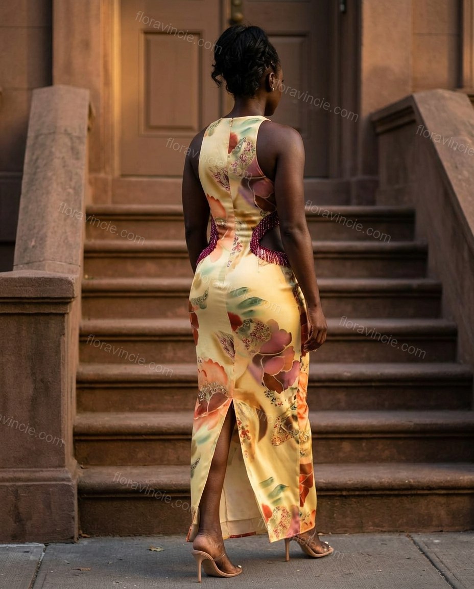 Yellow Floral Maxi Halter Dress, alternate use-case lifestyle view, by Floravincie