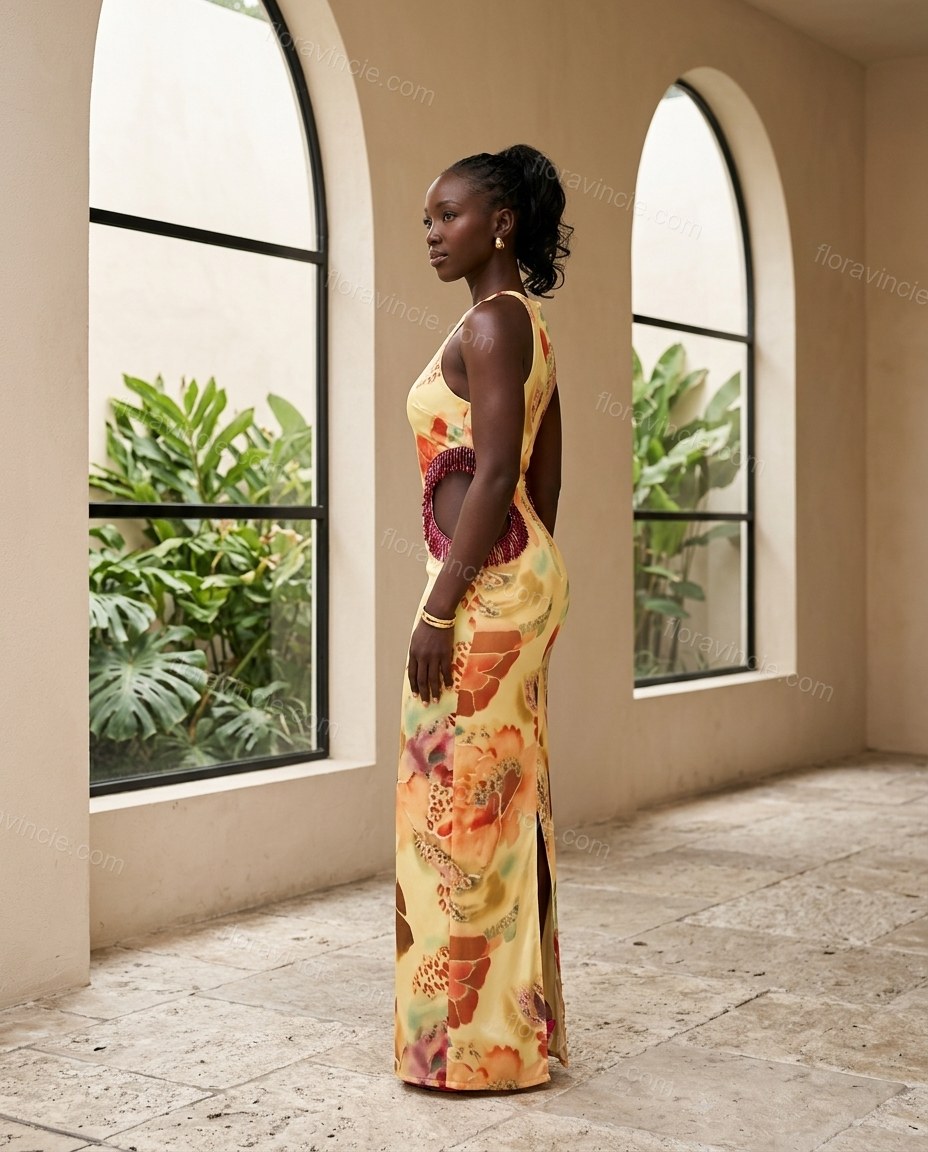 Yellow Floral Maxi Halter Dress, three-quarter brand lifestyle view, by Floravincie