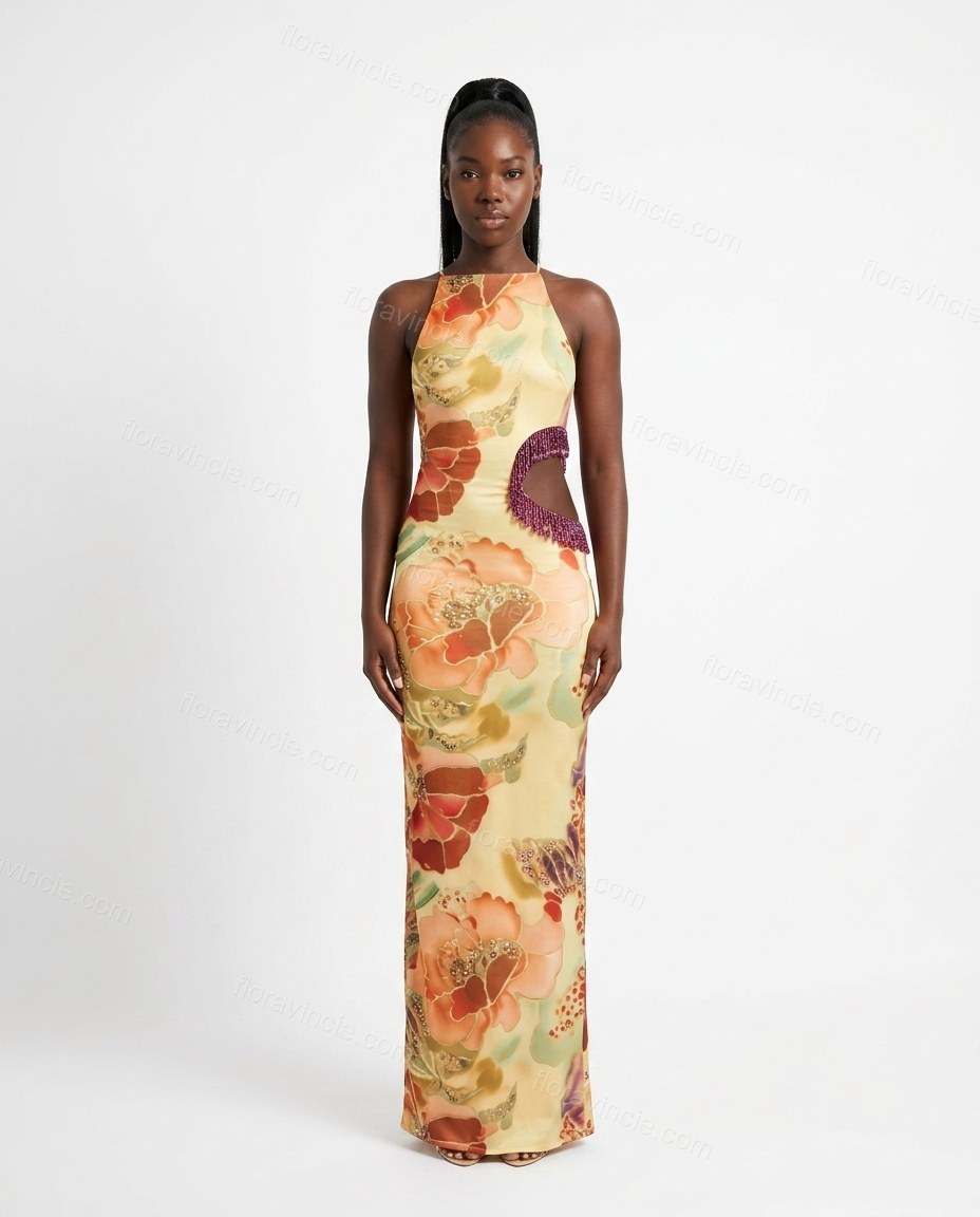Yellow Floral Maxi Halter Dress, front studio view, by Floravincie