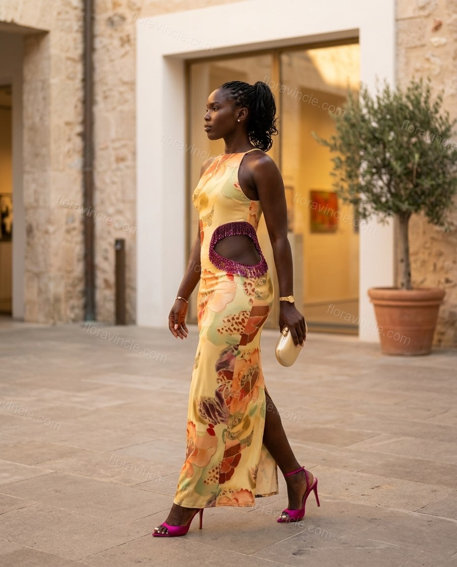 Yellow Floral Maxi Halter Dress, walking lifestyle view, by Floravincie