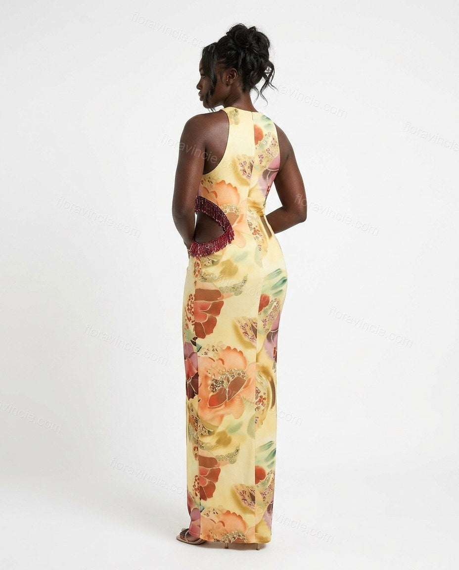 Yellow Floral Maxi Halter Dress, back studio view showing open back design, by Floravincie