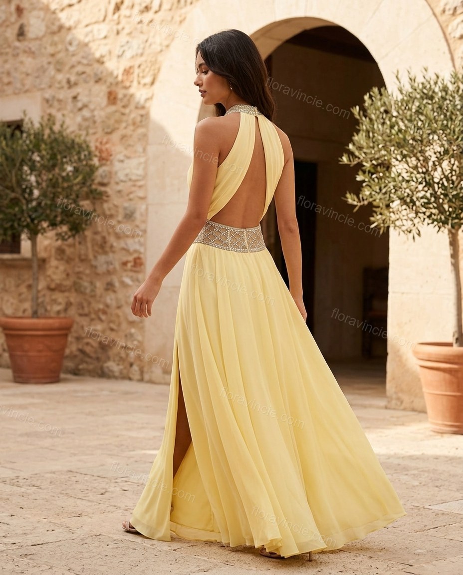Yellow Maxi Halter Rhinestone Dress, movement and fit lifestyle view, by Floravincie