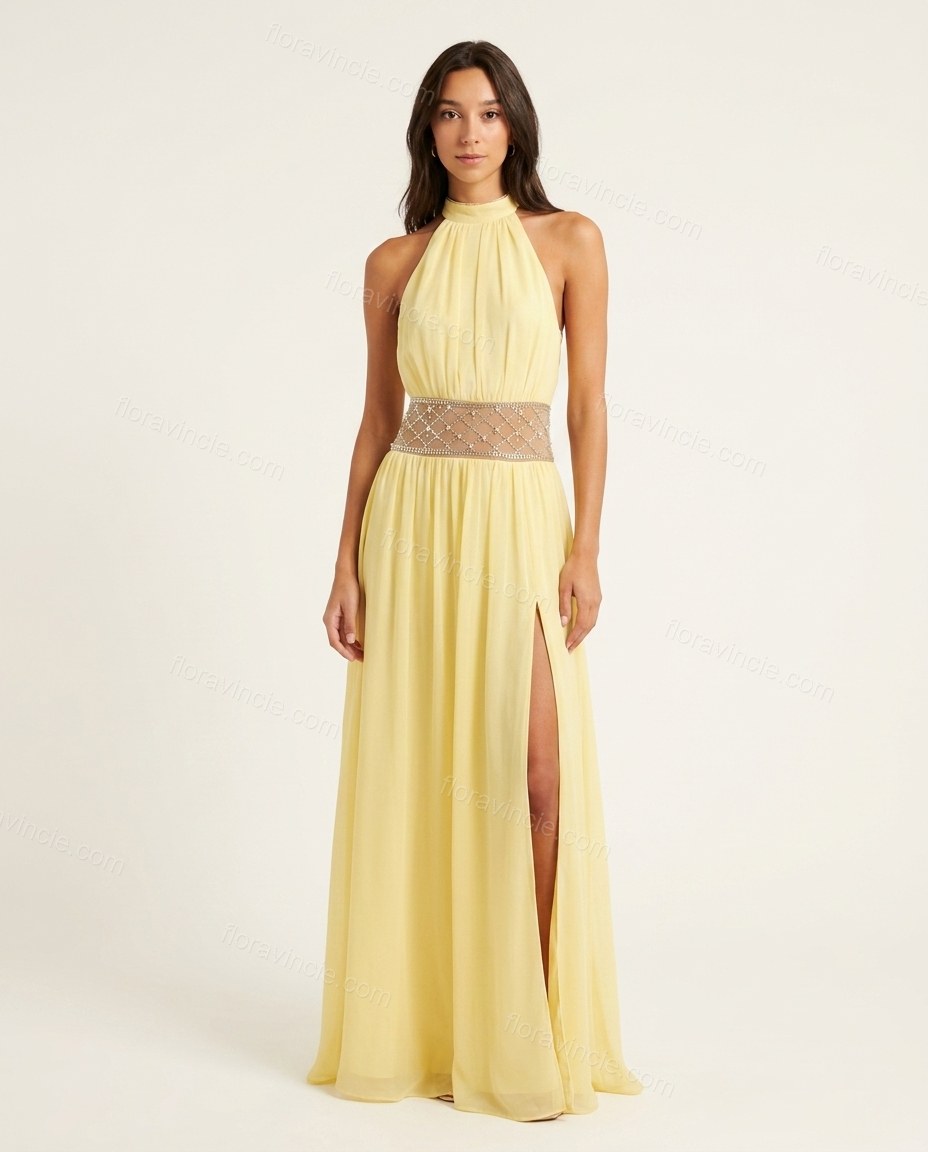 Yellow Maxi Halter Rhinestone Dress, front studio view, by Floravincie