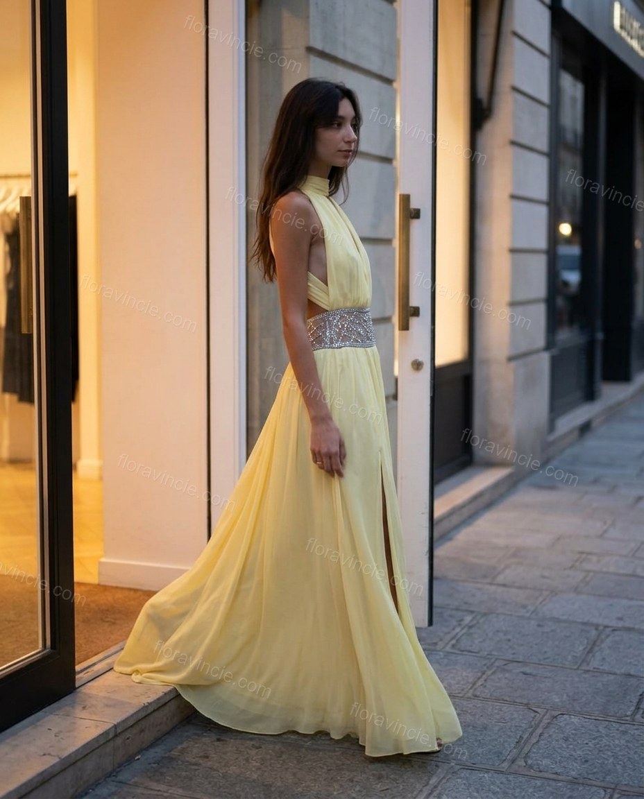 Yellow Maxi Halter Rhinestone Dress, alternate use-case lifestyle view, by Floravincie