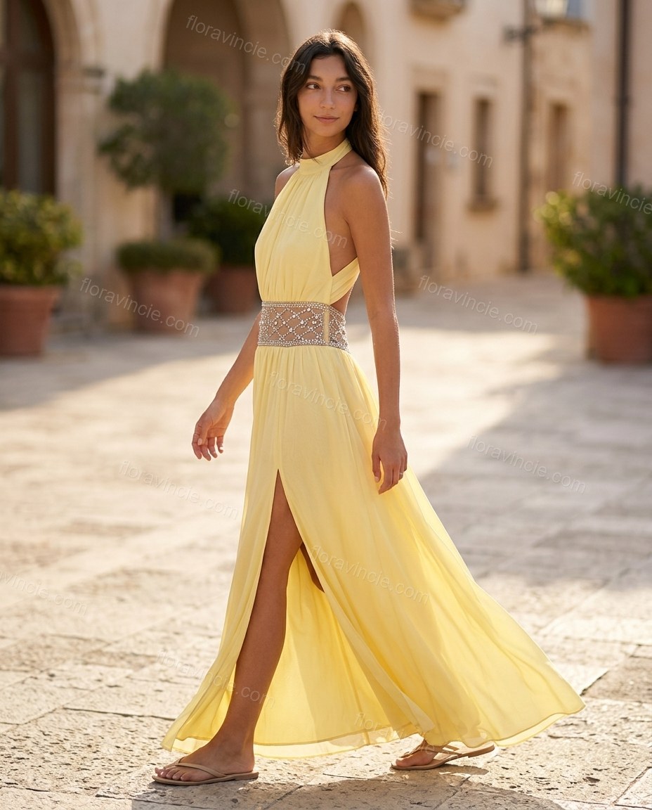 Yellow Maxi Halter Rhinestone Dress, walking lifestyle view, by Floravincie