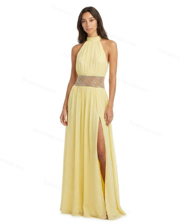 Yellow Maxi Halter Rhinestone Dress, full-length hero view, by Floravincie