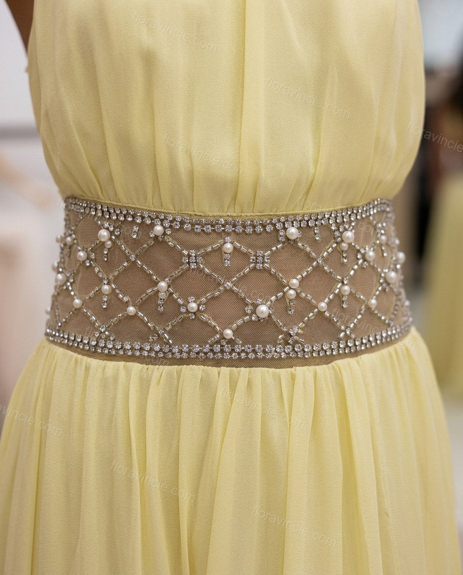Yellow Maxi Halter Rhinestone Dress, close-up of silver and white accents, beaded waist panel and rhinestone embellishments, by Floravincie