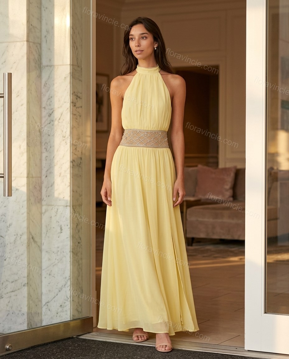 Yellow Maxi Halter Rhinestone Dress, three-quarter brand lifestyle view, by Floravincie